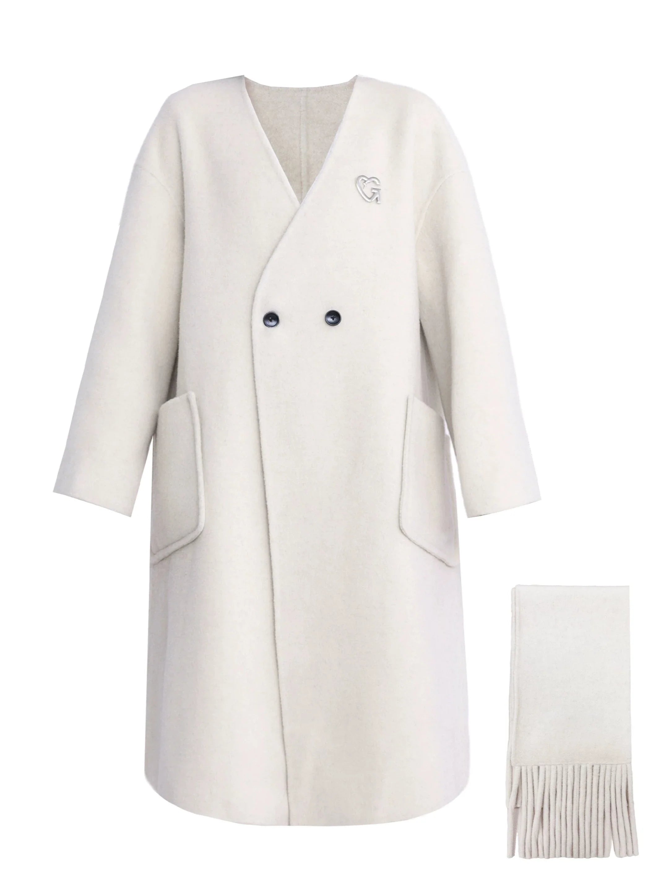 Luxe Double-Breasted Wool Coat Set: Oversized Longline Jacket with Matching Fringed Scarf