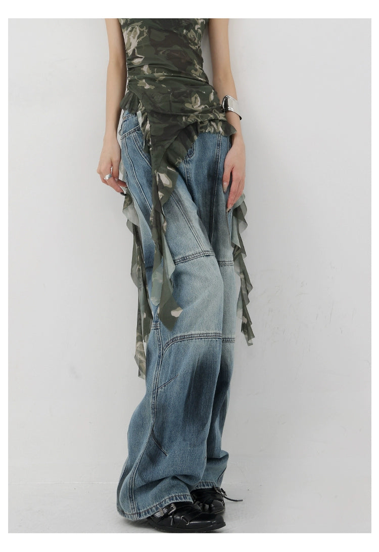 Vintage Distressed And Dirt-Dyed Patchwork Wide-Leg Jeans - chiclara