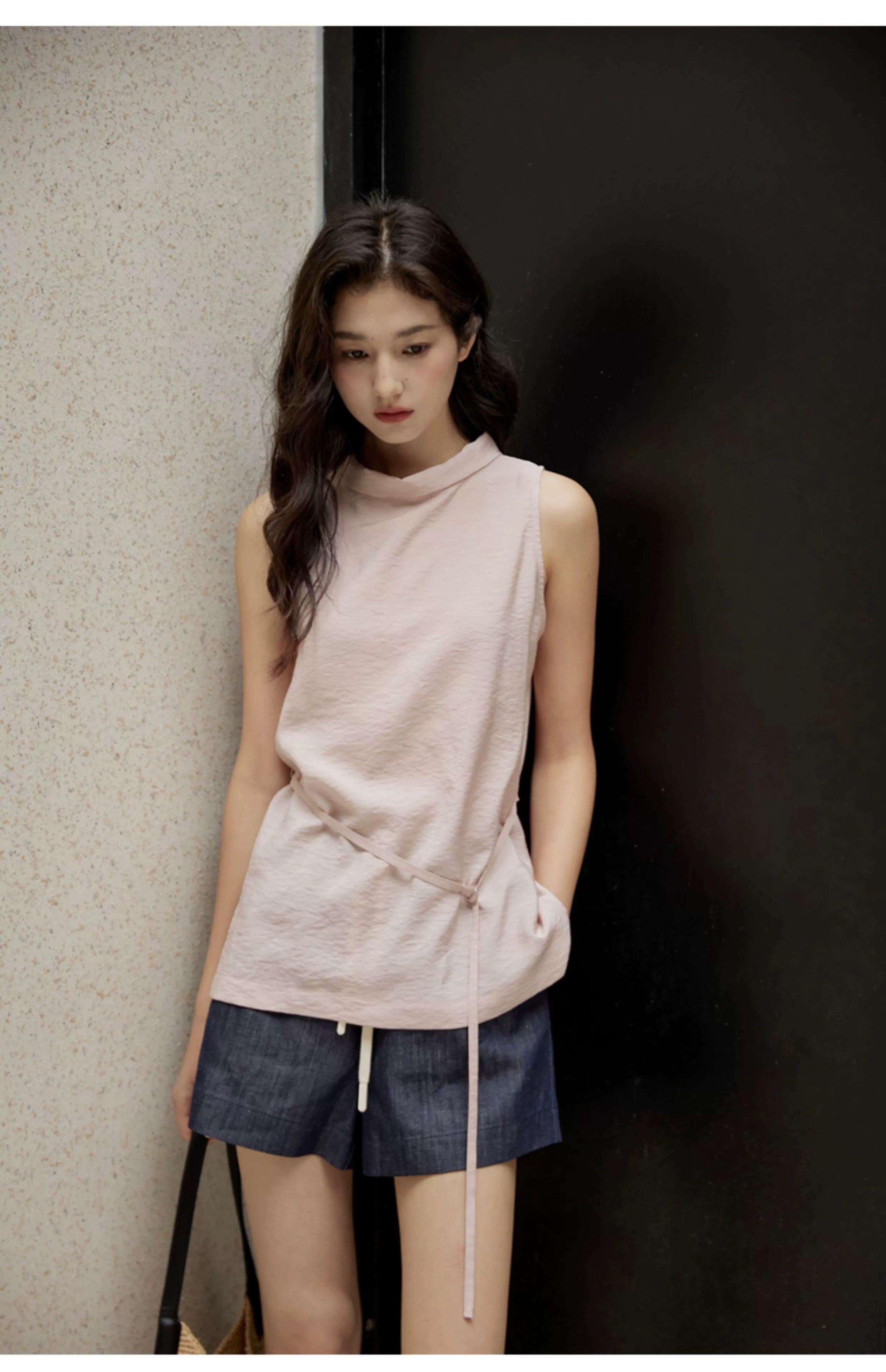 Sleeveless Light Pink Belted Top