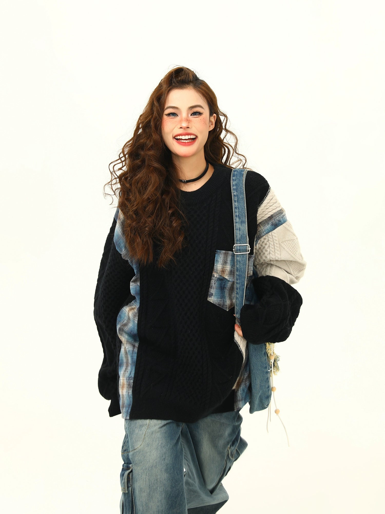 Patchwork Knit and Plaid Sweater