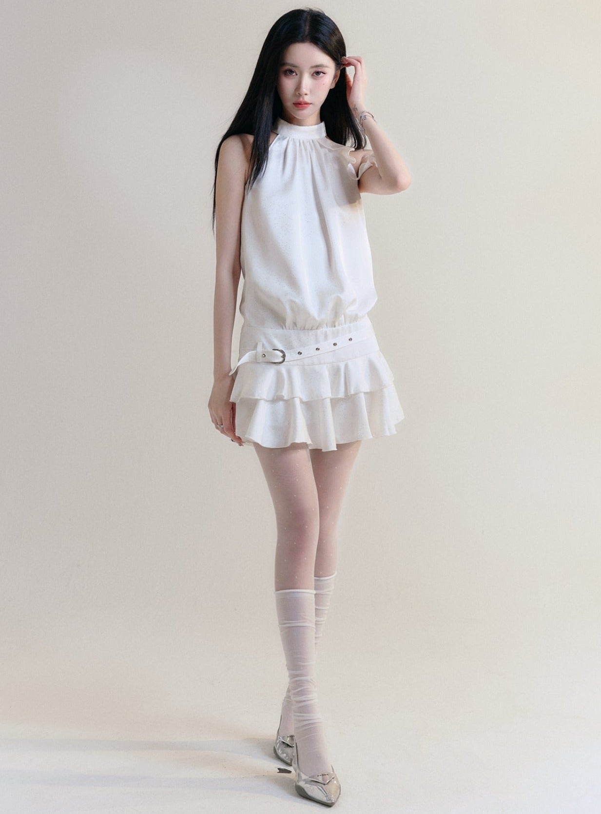 Fragile Heart White Halter Neck Ruffle Mini Dress with Belted Waist