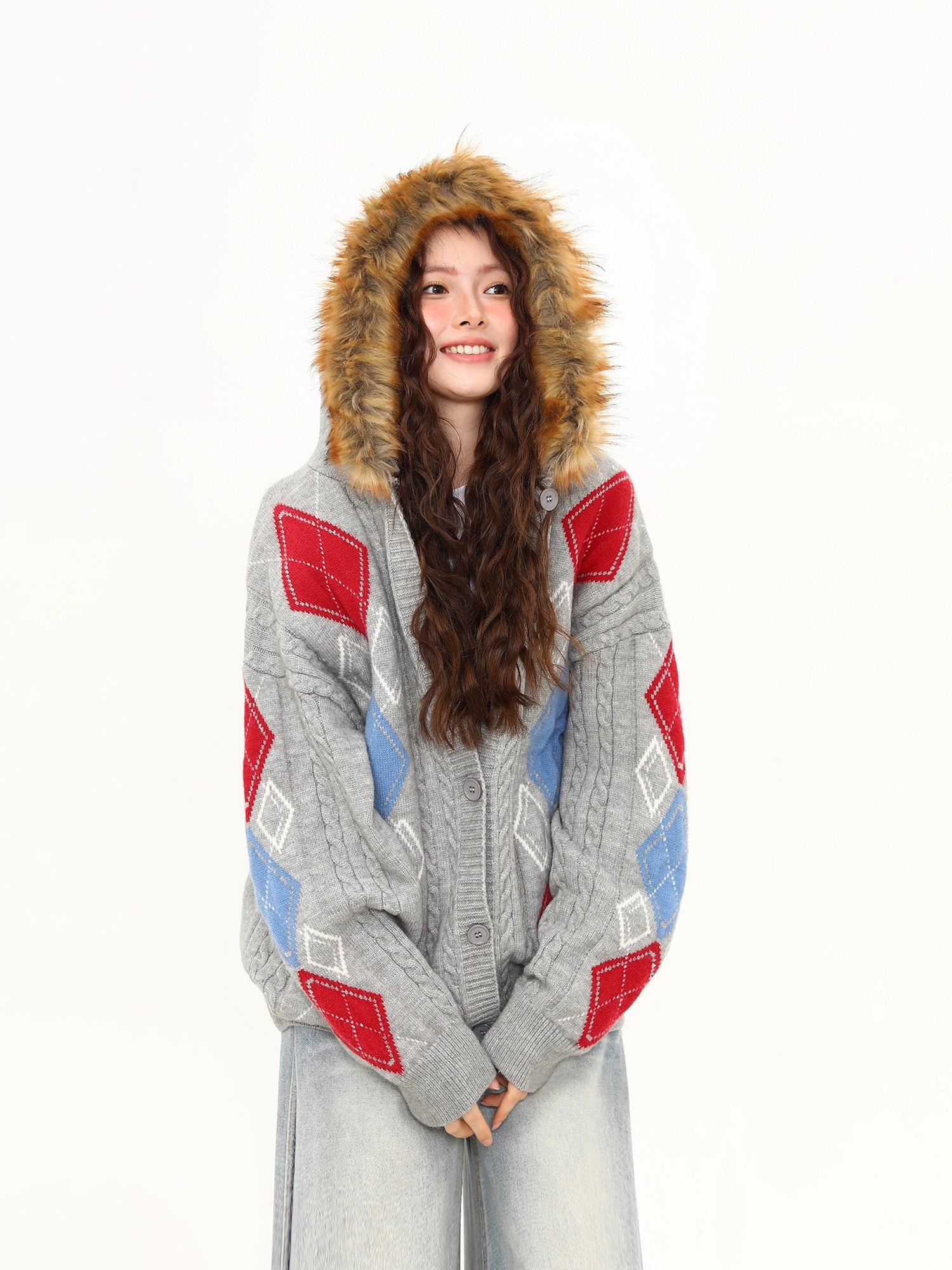 Frosty Argyle Faux-Fur Hood Cardigan