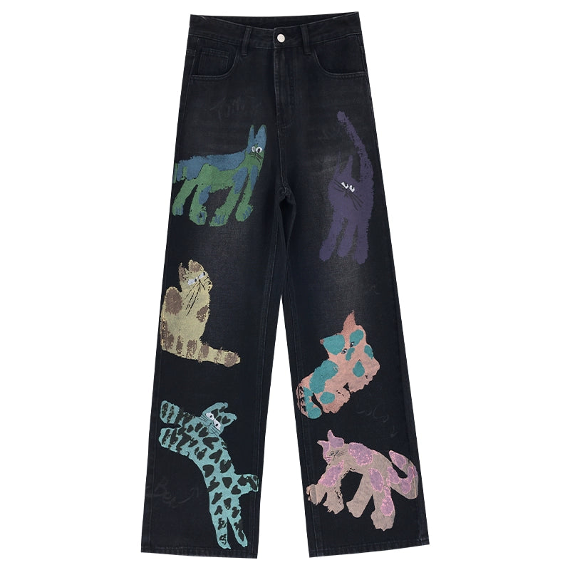 ABWEAR Whimsical Critter Doodle Wide-Leg Jeans