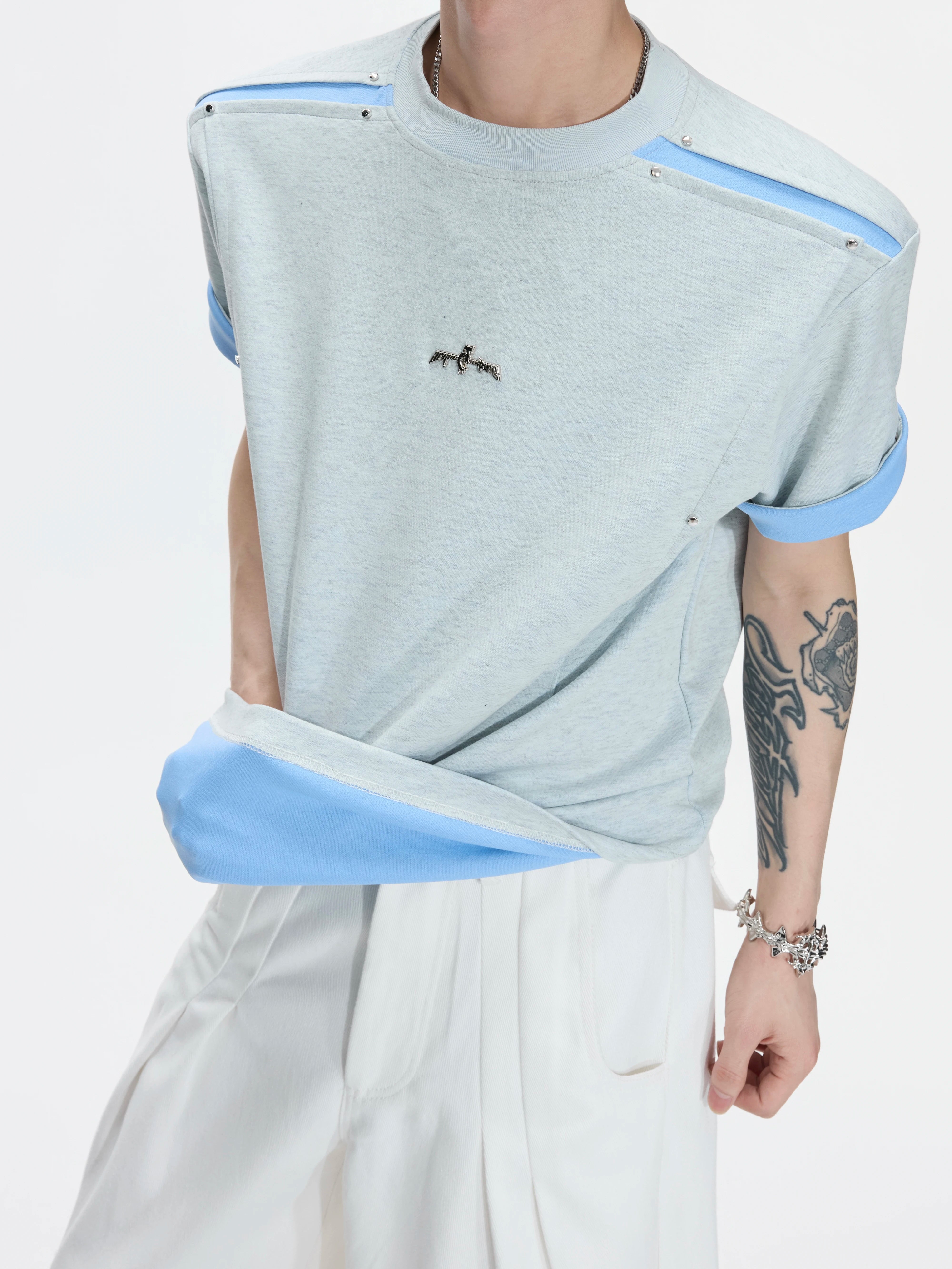 Contrast Trim Studded Shoulder T-Shirt
