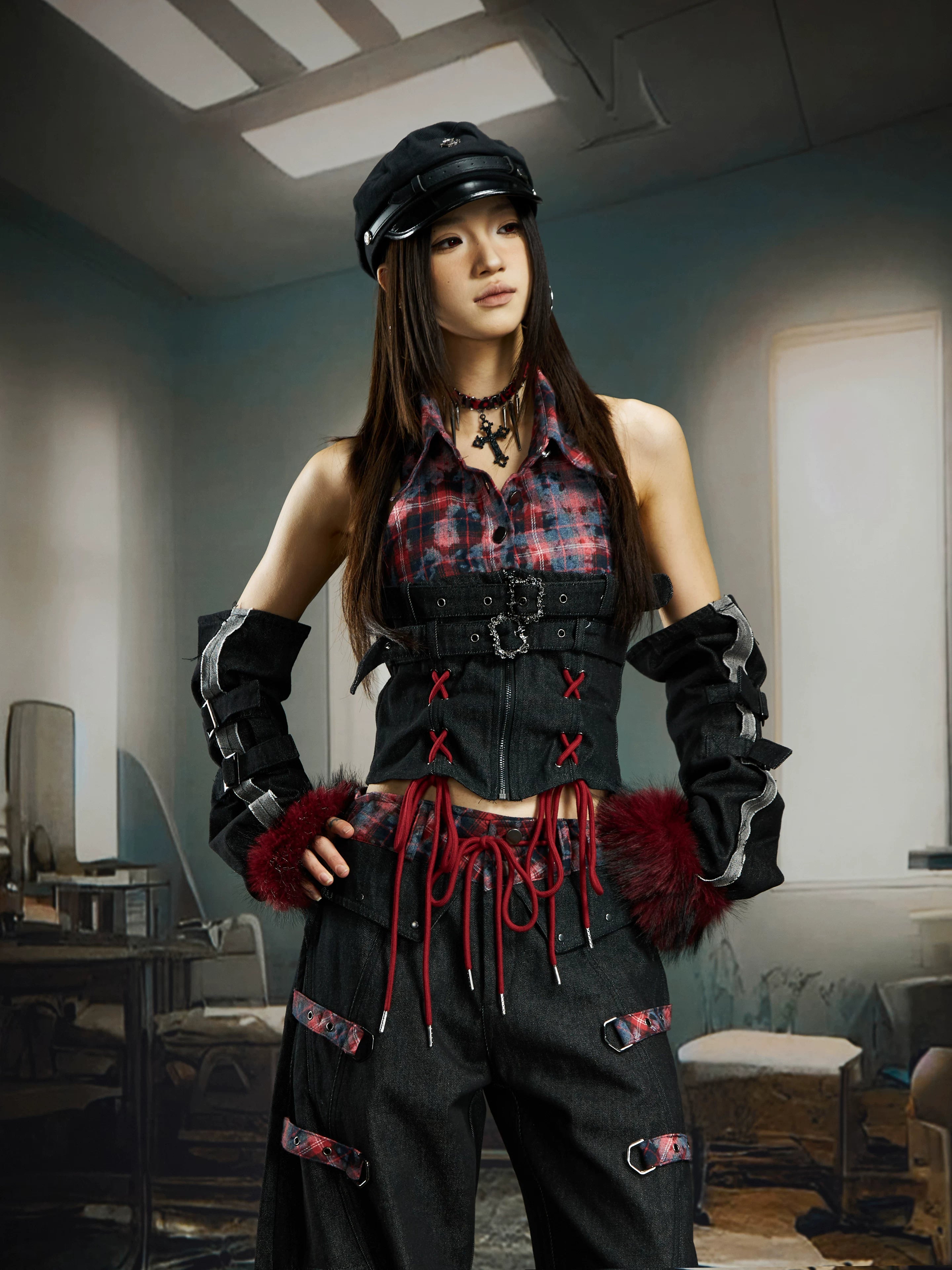 Crimson Howl Plaid Corset Armwarmer Top