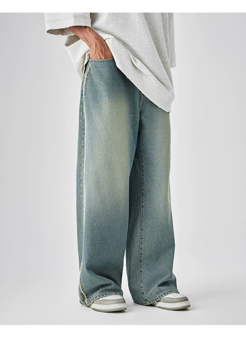 Casual Wide-Leg Denim Jeans With Distressed Wash And Frayed Hem - chiclara