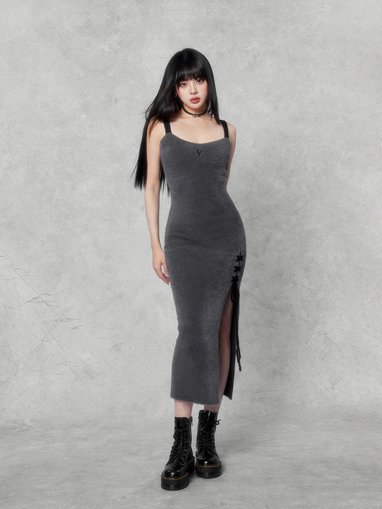 Lace-Up Slit Knit Dress