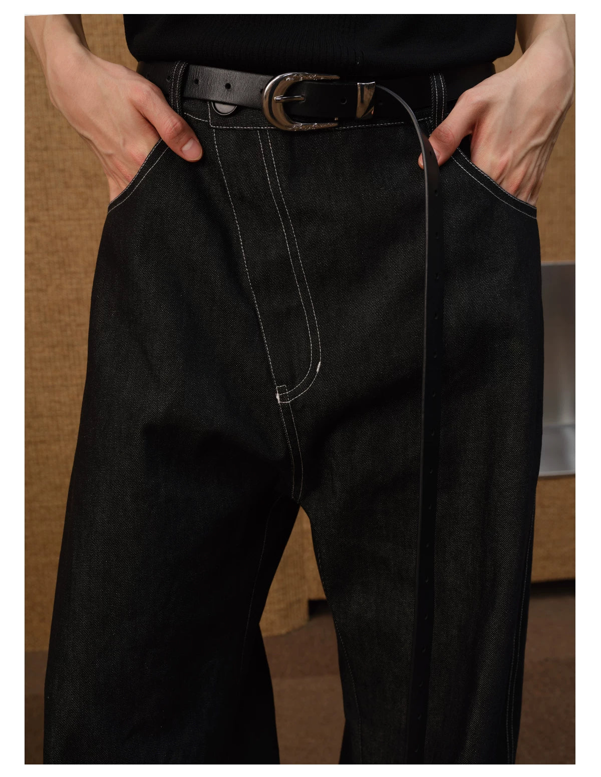 Black Contrast-Stitch Balloon Denim Trousers
