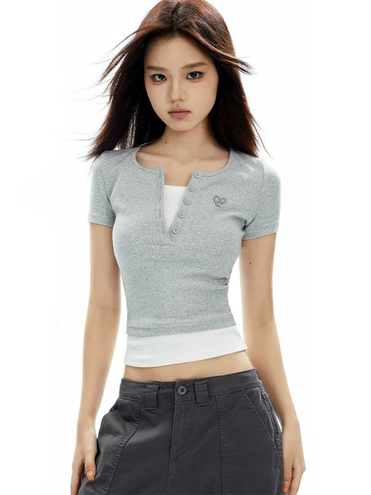 Henley Crop Top with Short Sleeves