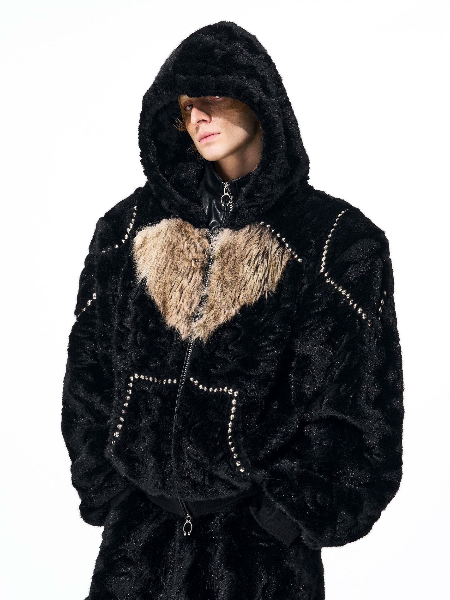 Black Faux Fur Heart Studded Jacket and Pants Setup