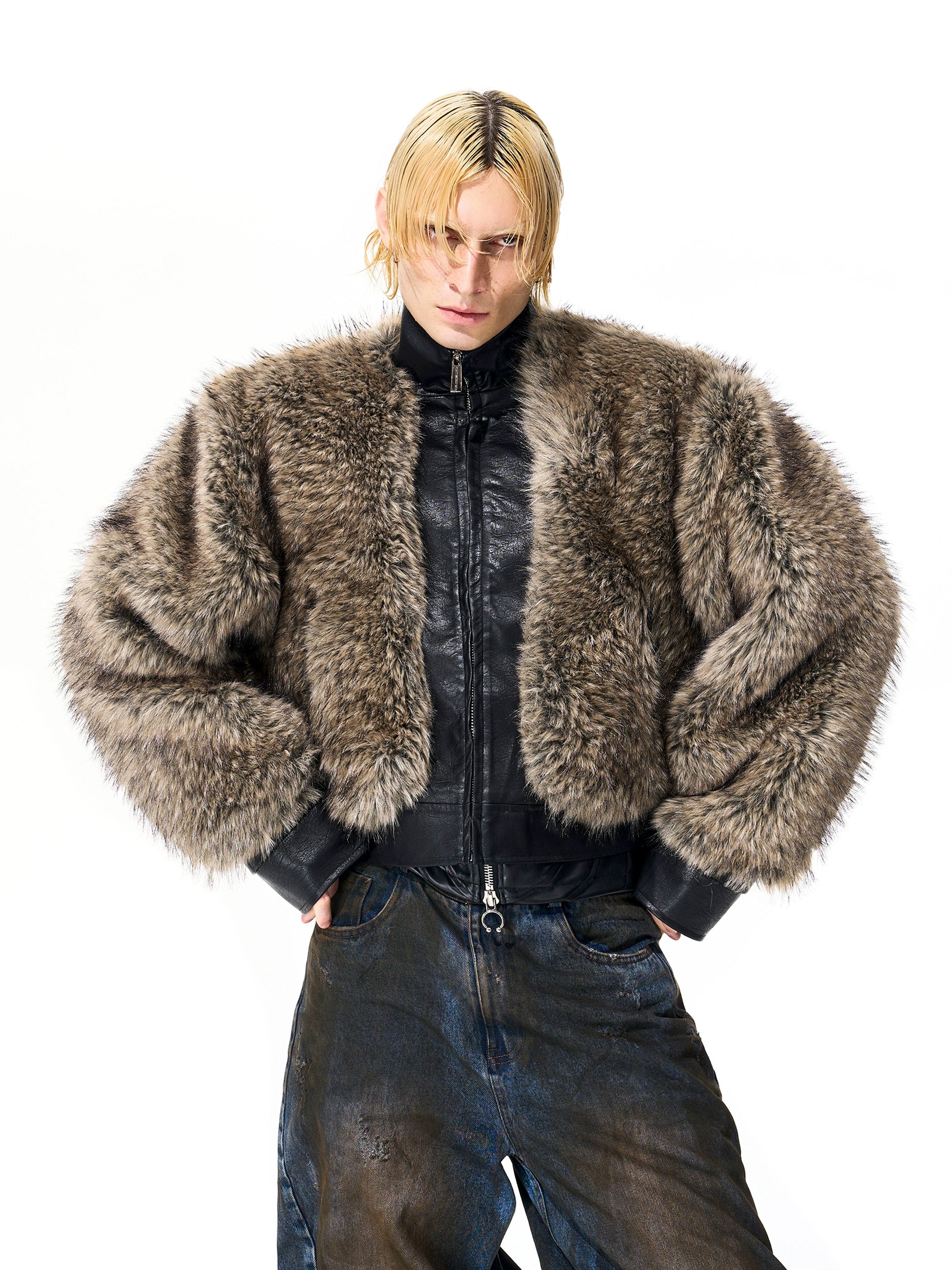 Faux Fur Leather Bomber Jacket