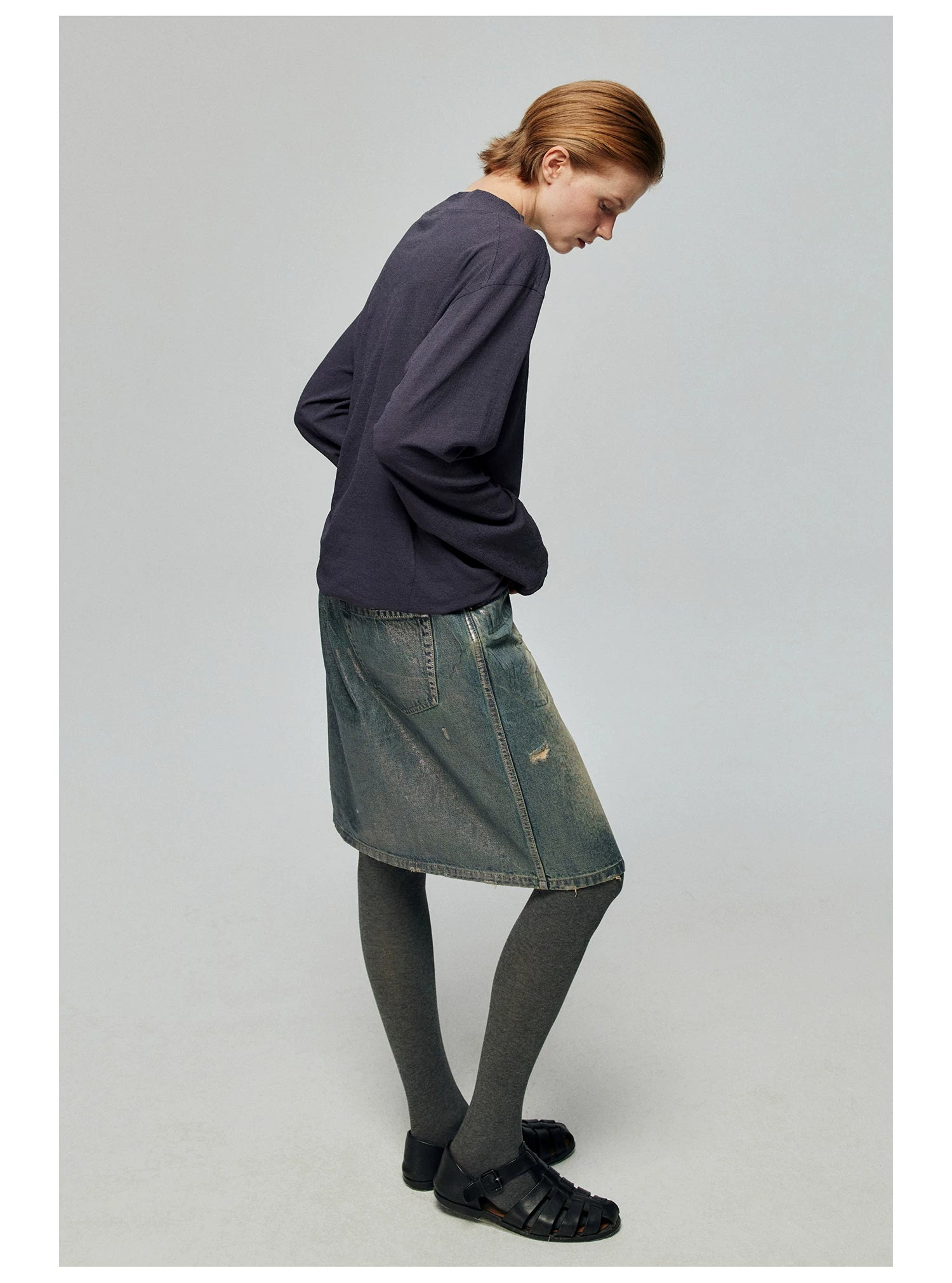 Distressed Denim Wrap Midi Skirt