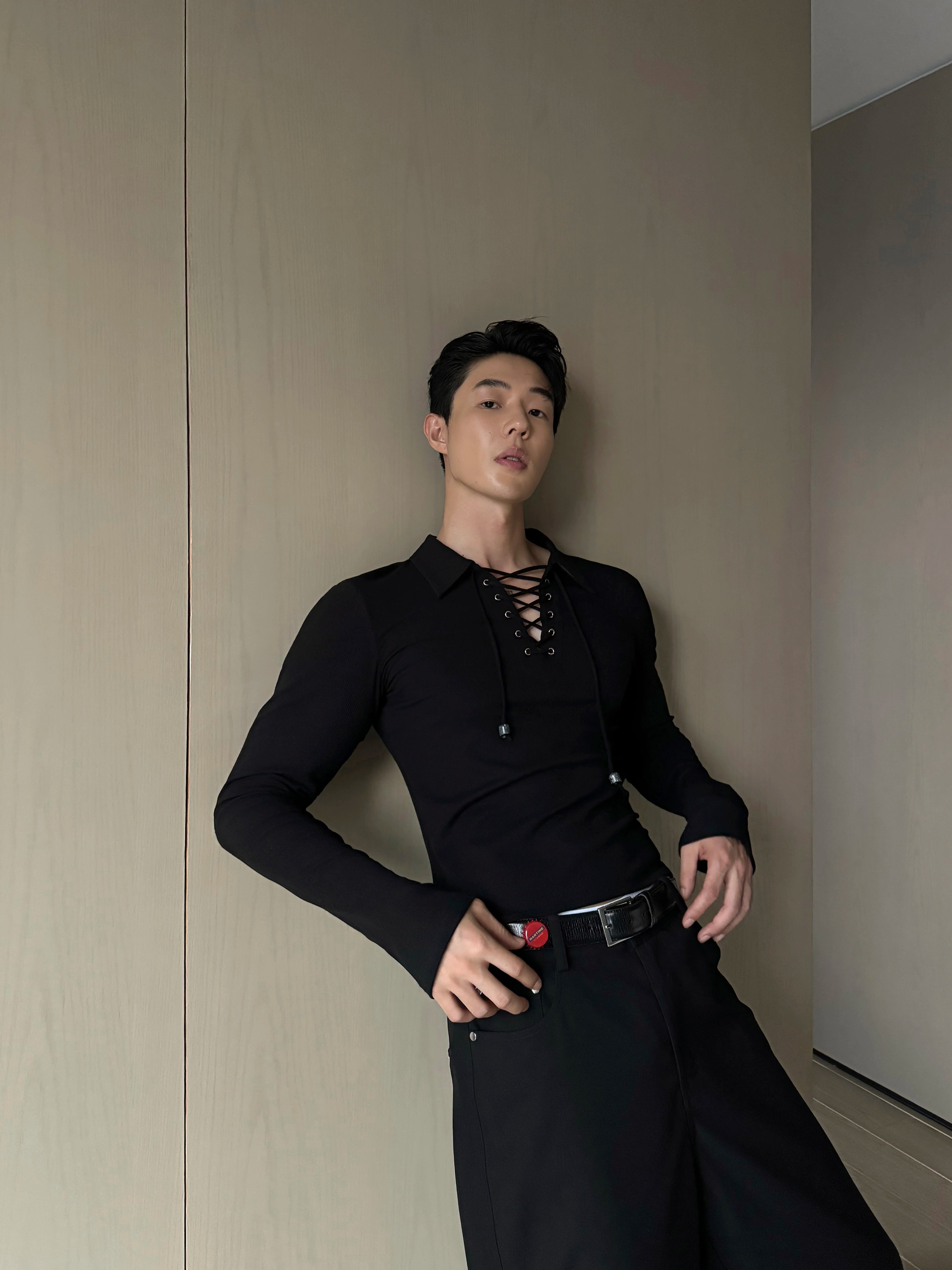 Black Lace-Up Henley Long Sleeve Shirt