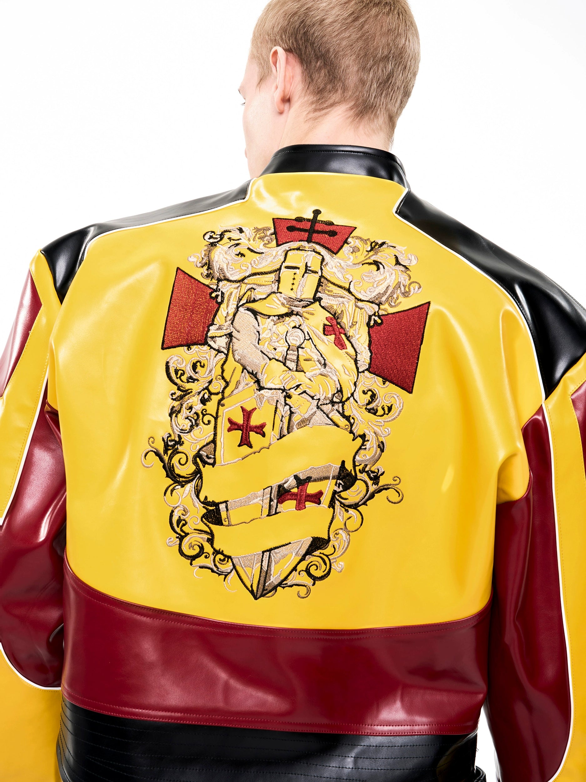 Colorblock Crest Moto Leather Jacket