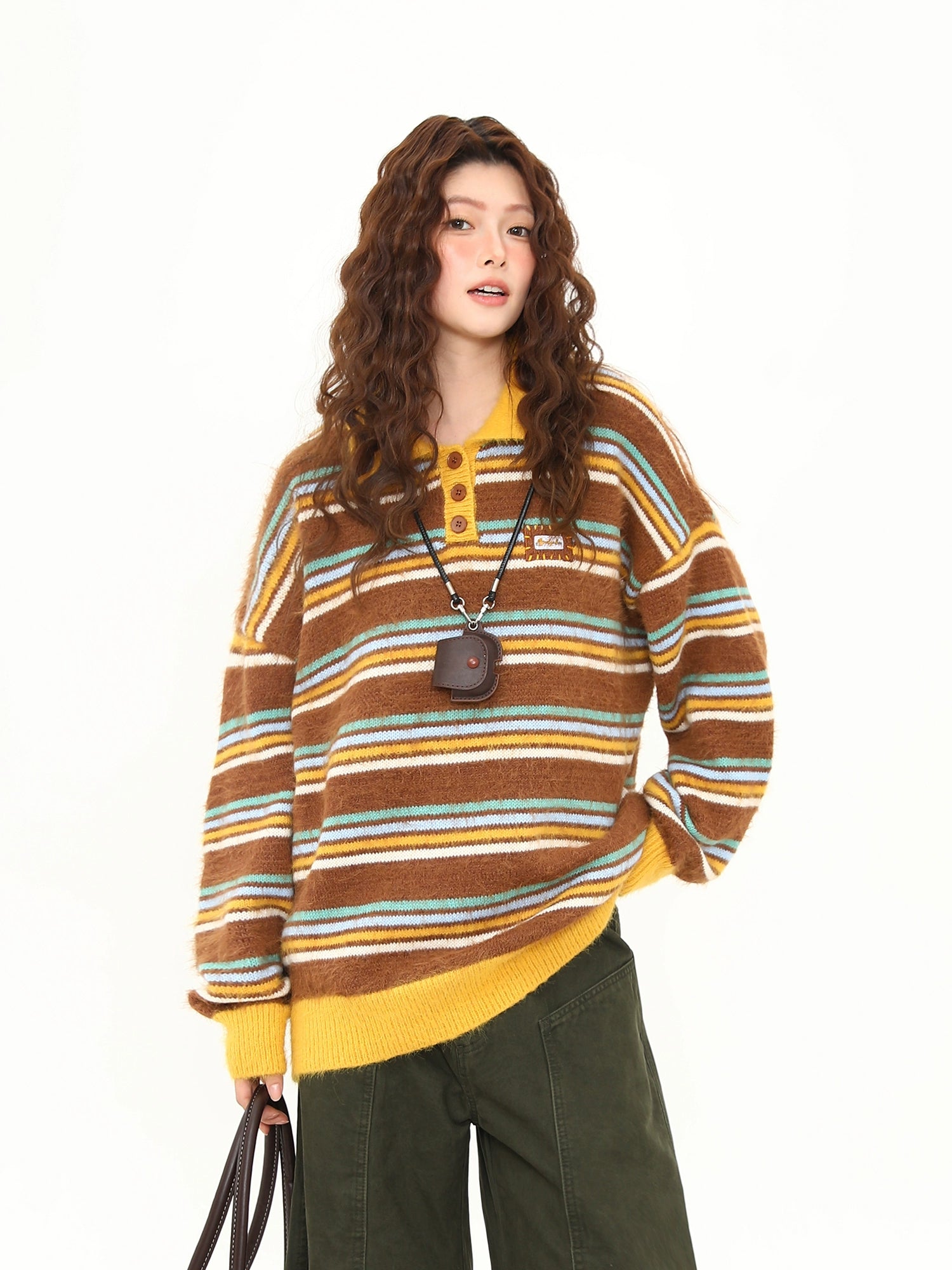 Retro Striped Fuzzy Knit Collared Sweater