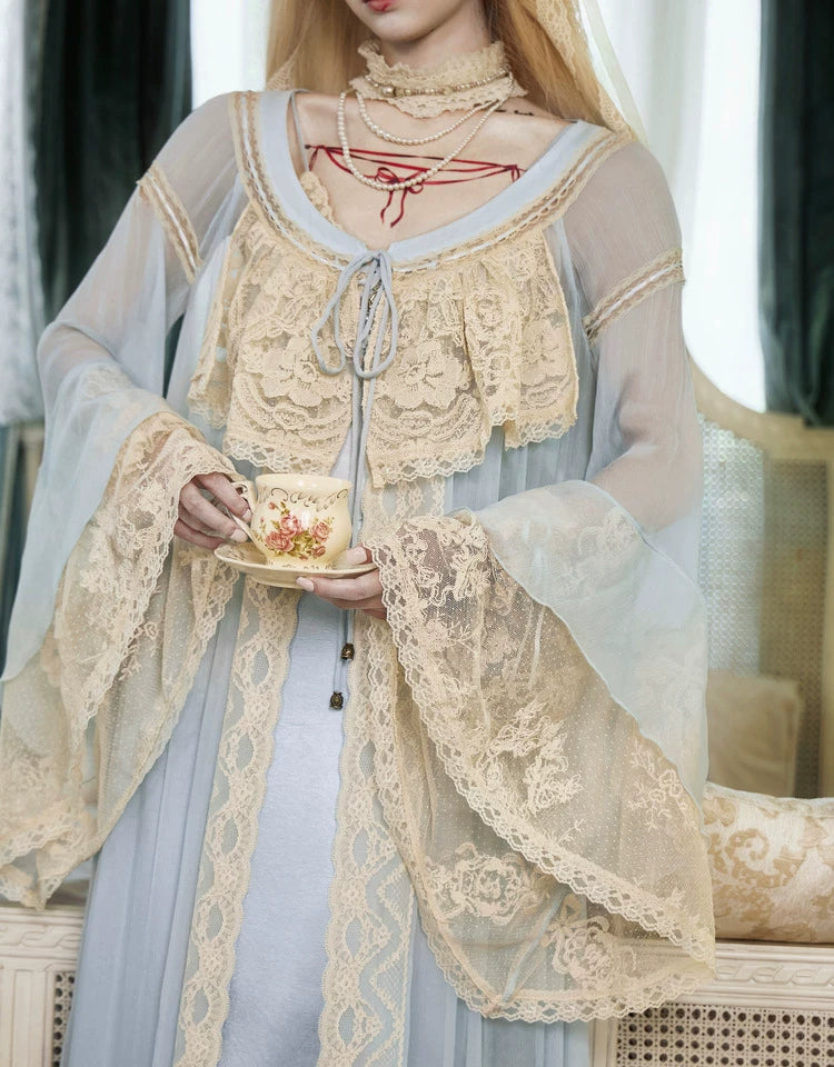 Lace Trim Bell Sleeve Duster Robe