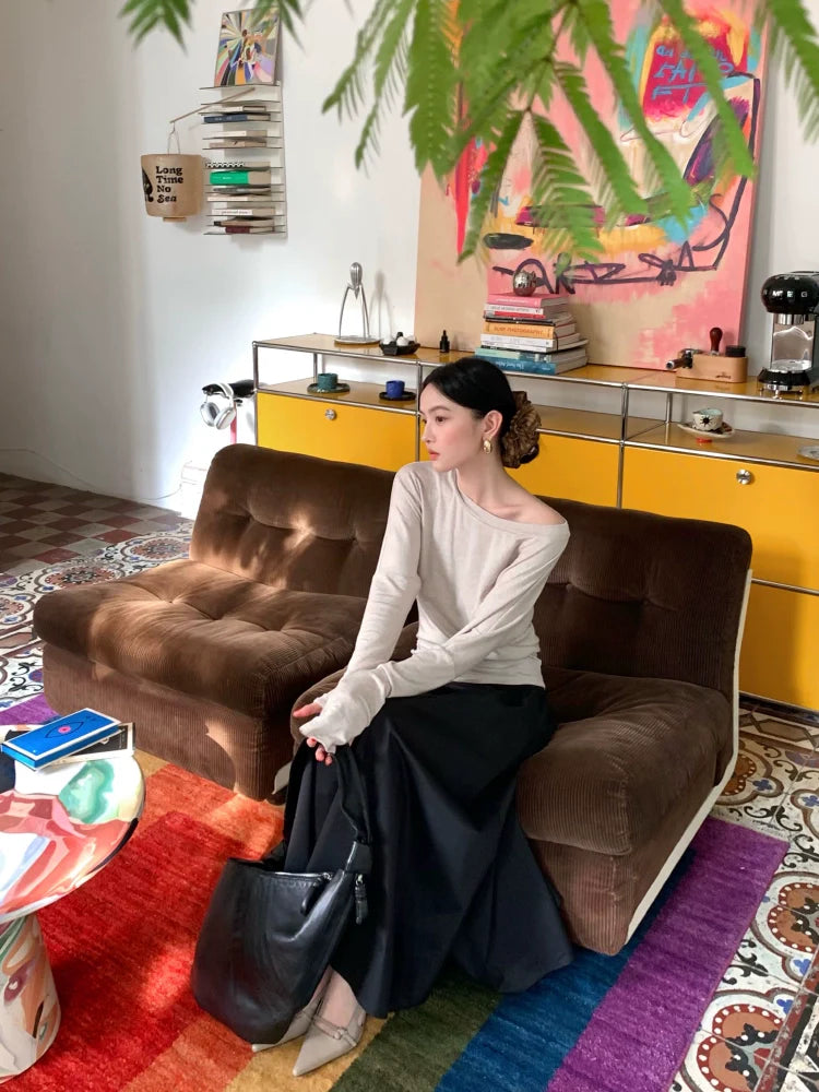 Slanted Shoulder Long Sleeve Top