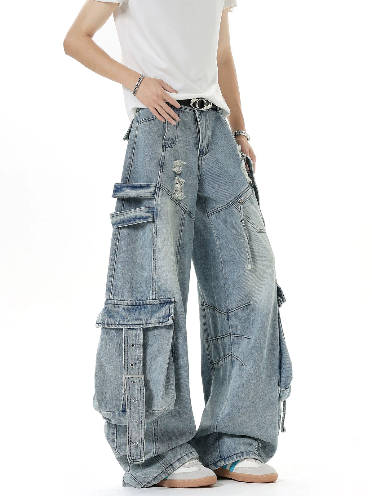 Harness-Ruined Cargo Denim Pants