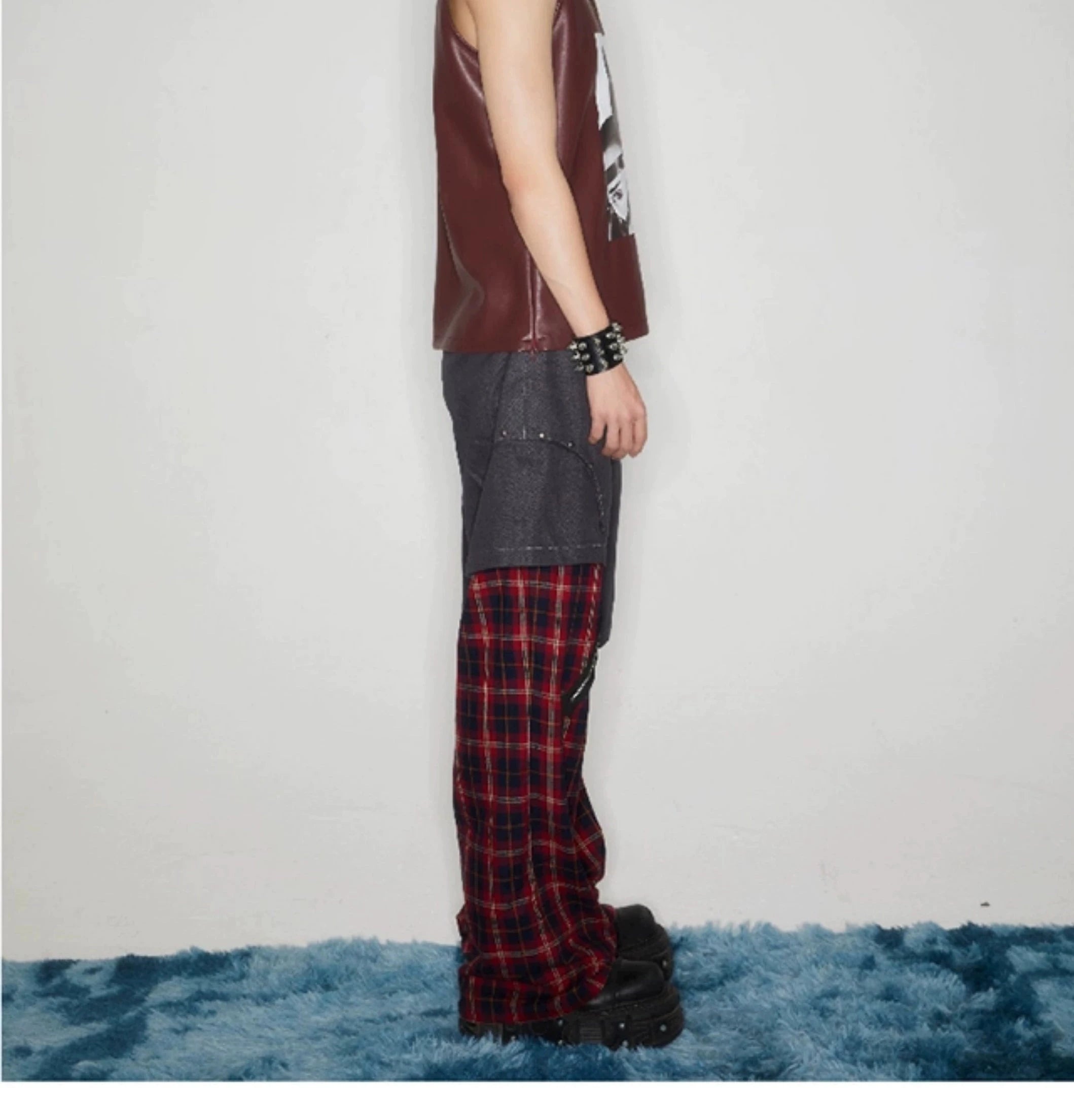 Hybrid Plaid-Panel Cargo Pants