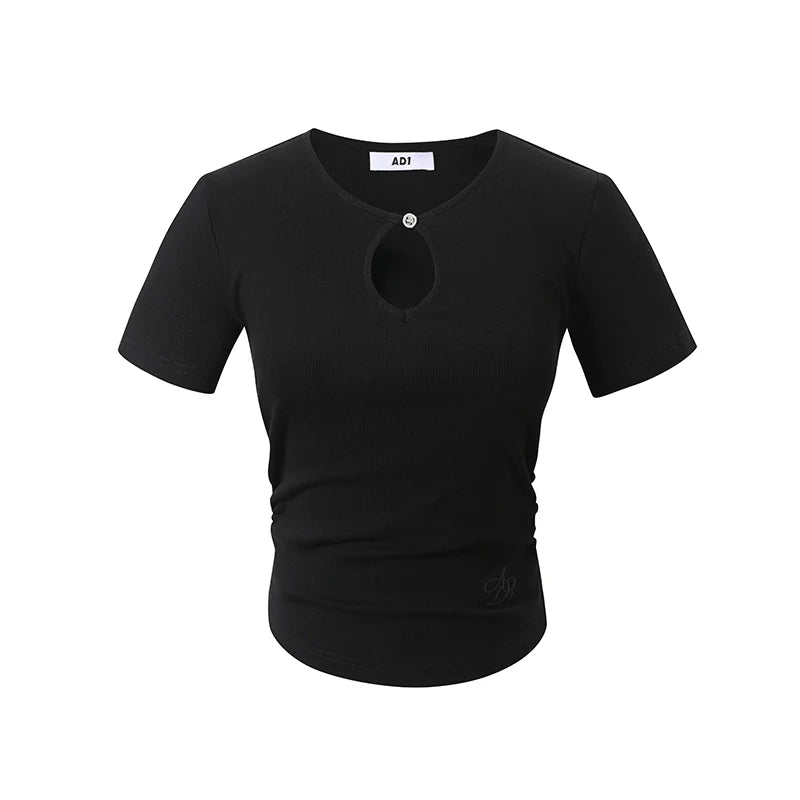 Keyhole Neckline Fitted Tee: Short Sleeve Stretch Top with Button Detail