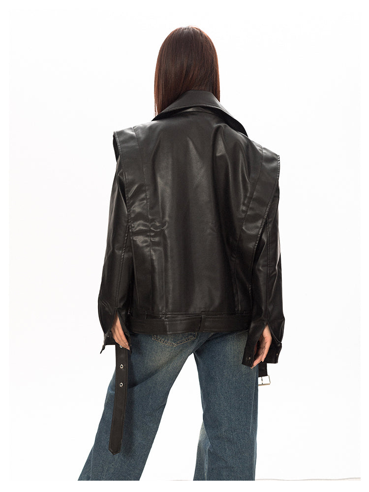 Wide Shoulder Motorcycle Leather Jacket - chiclara