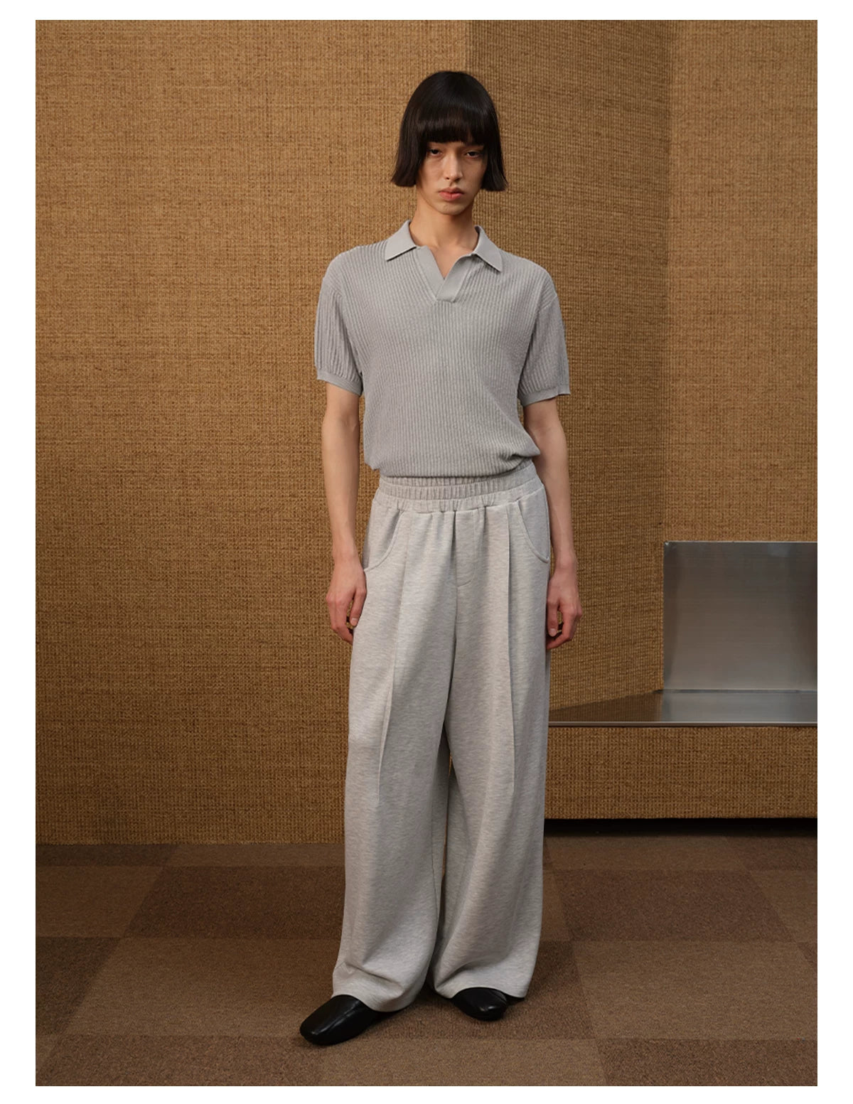 Textured Knit Open-Collar Polo Shirt