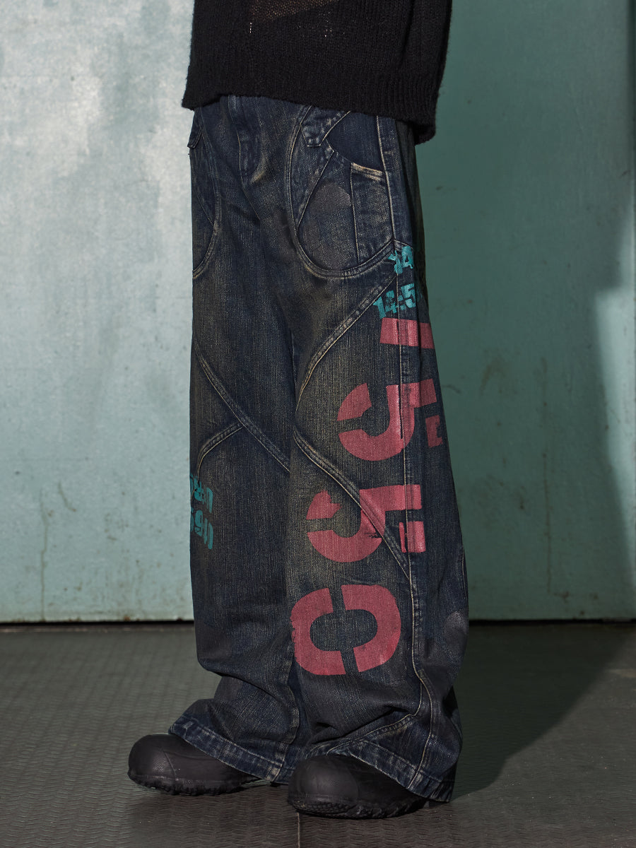 Urban Graffiti Wide-Leg Denim Cargo Jeans