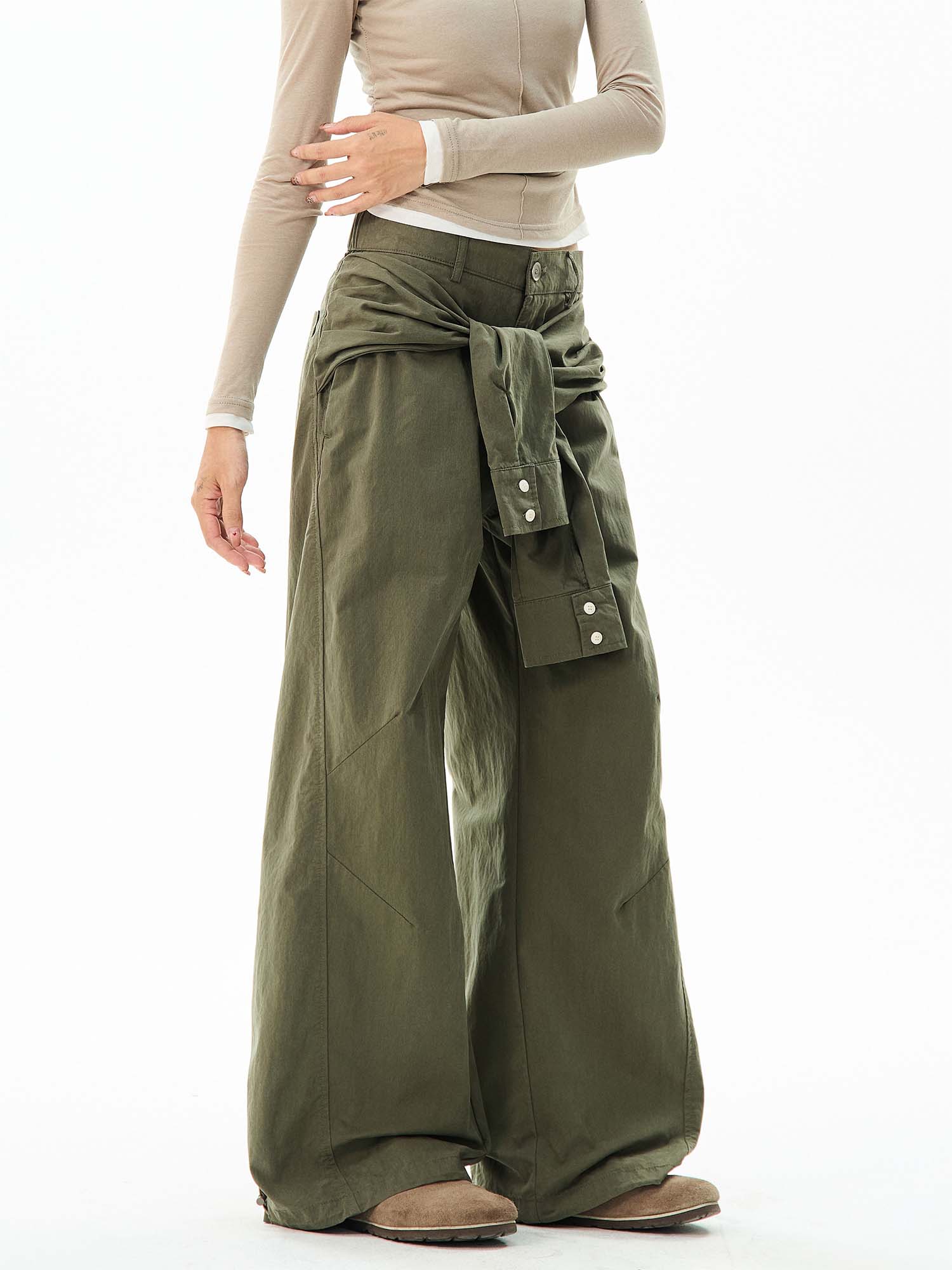 Wide-Leg Cargo Pants with Tie-Front Detail