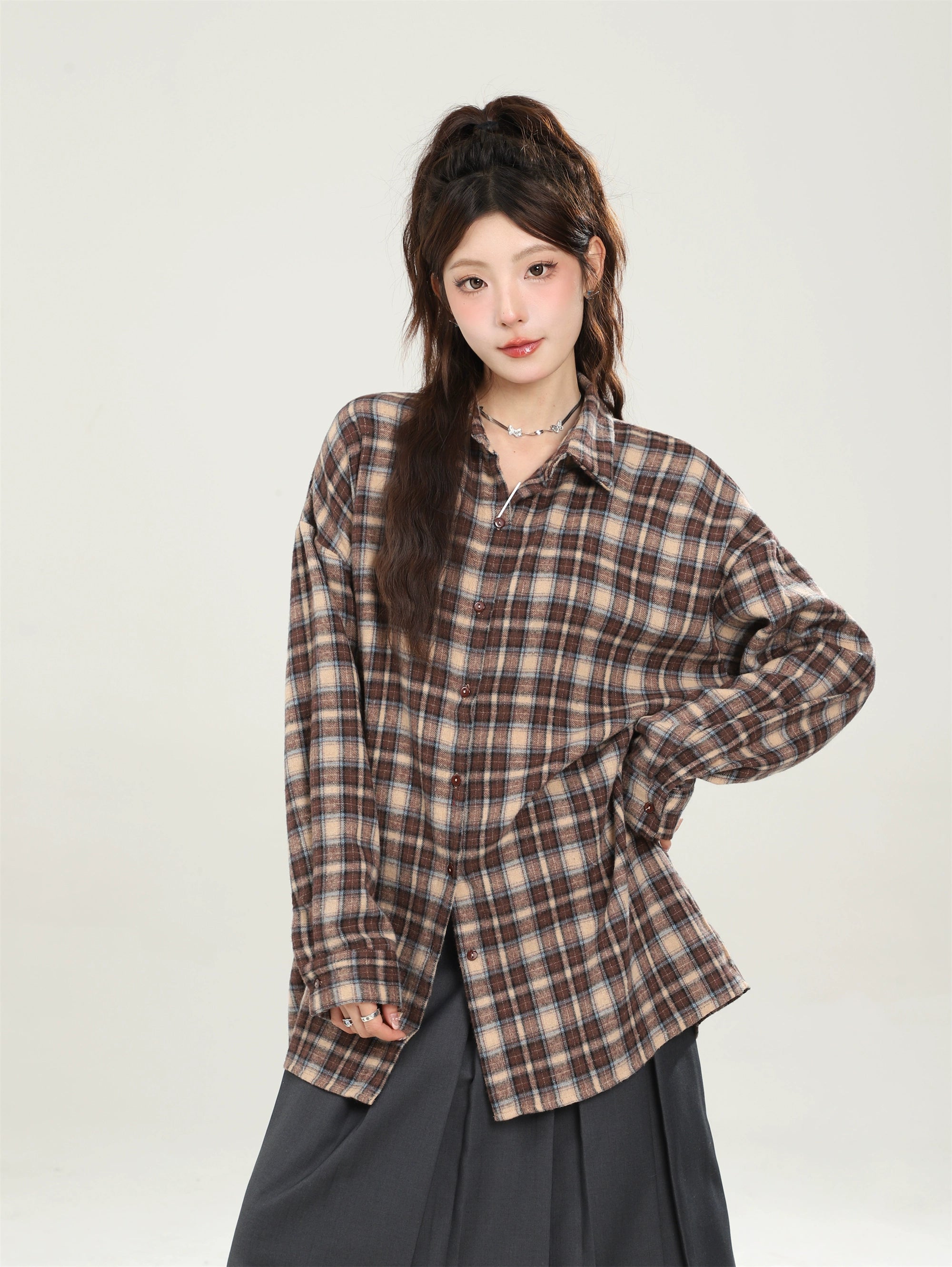 Vintage Loose Blue Plaid Shirt