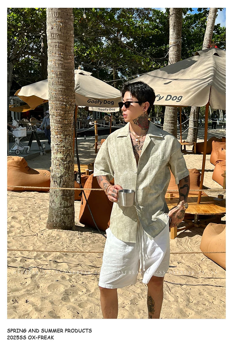 Seersucker Cuban Collar Short-Sleeve Shirt
