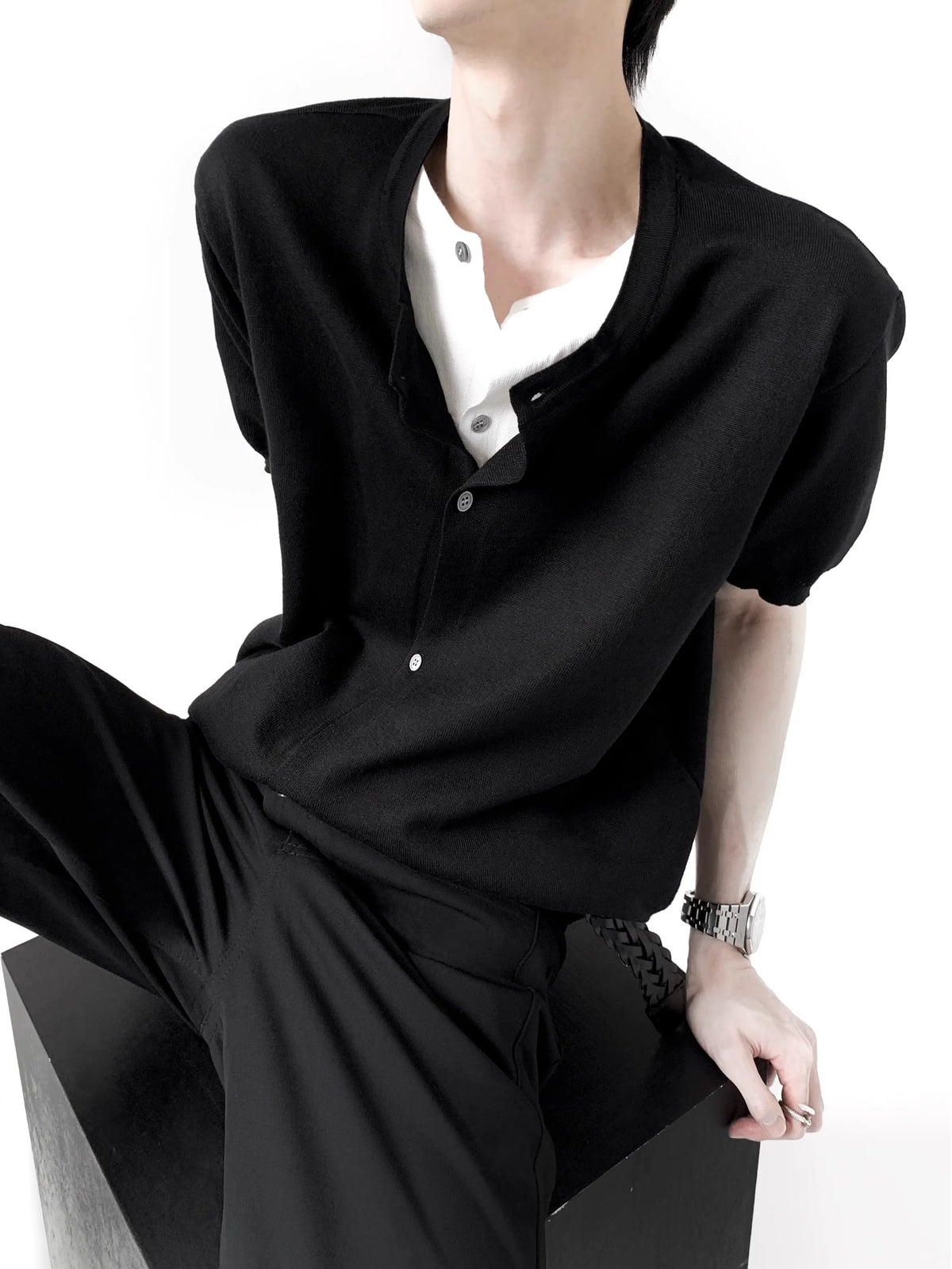 Layered Knit Button Cardigan Tee
