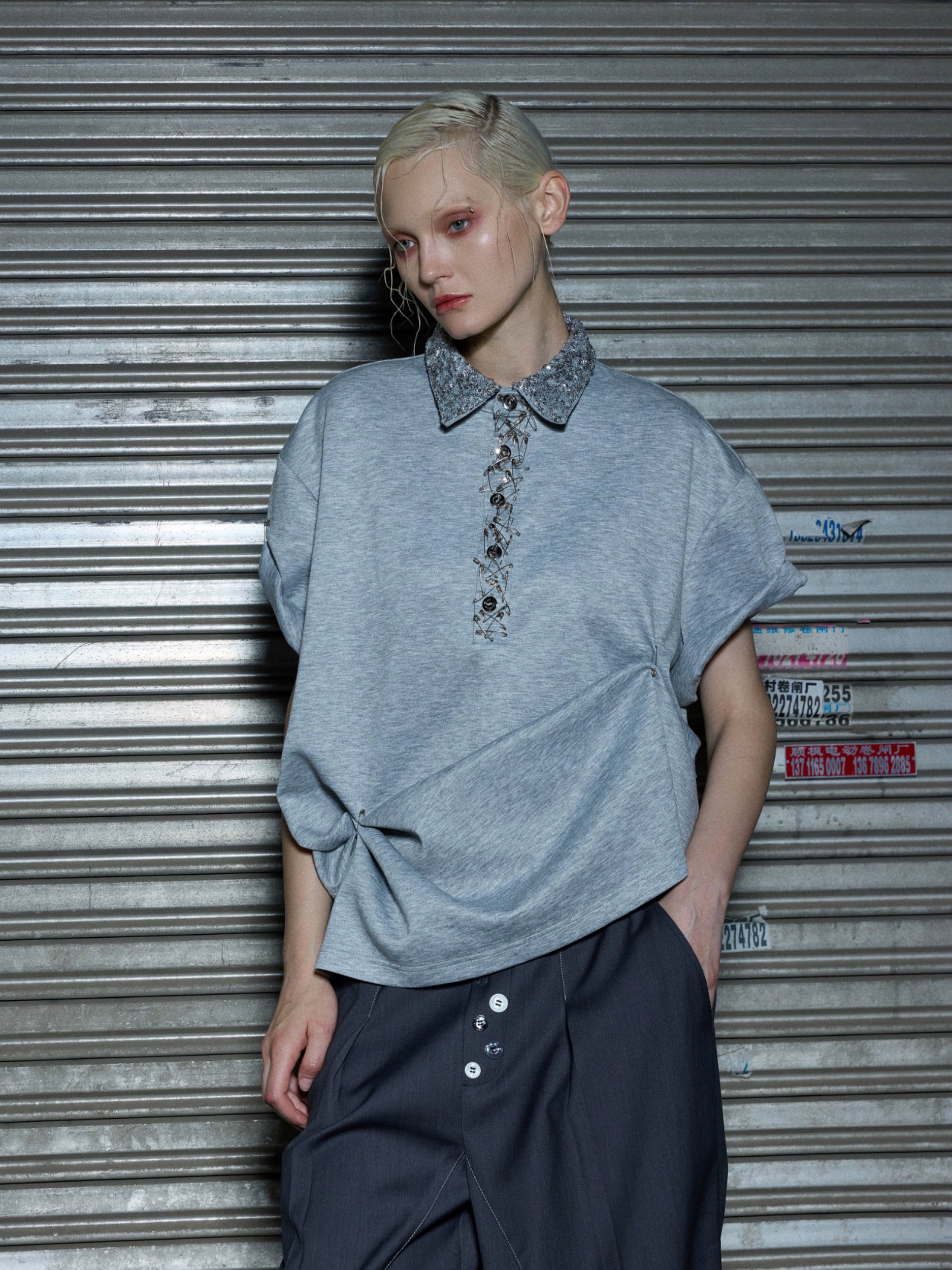 Grey Cotton Polo Shirt Short Sleeve