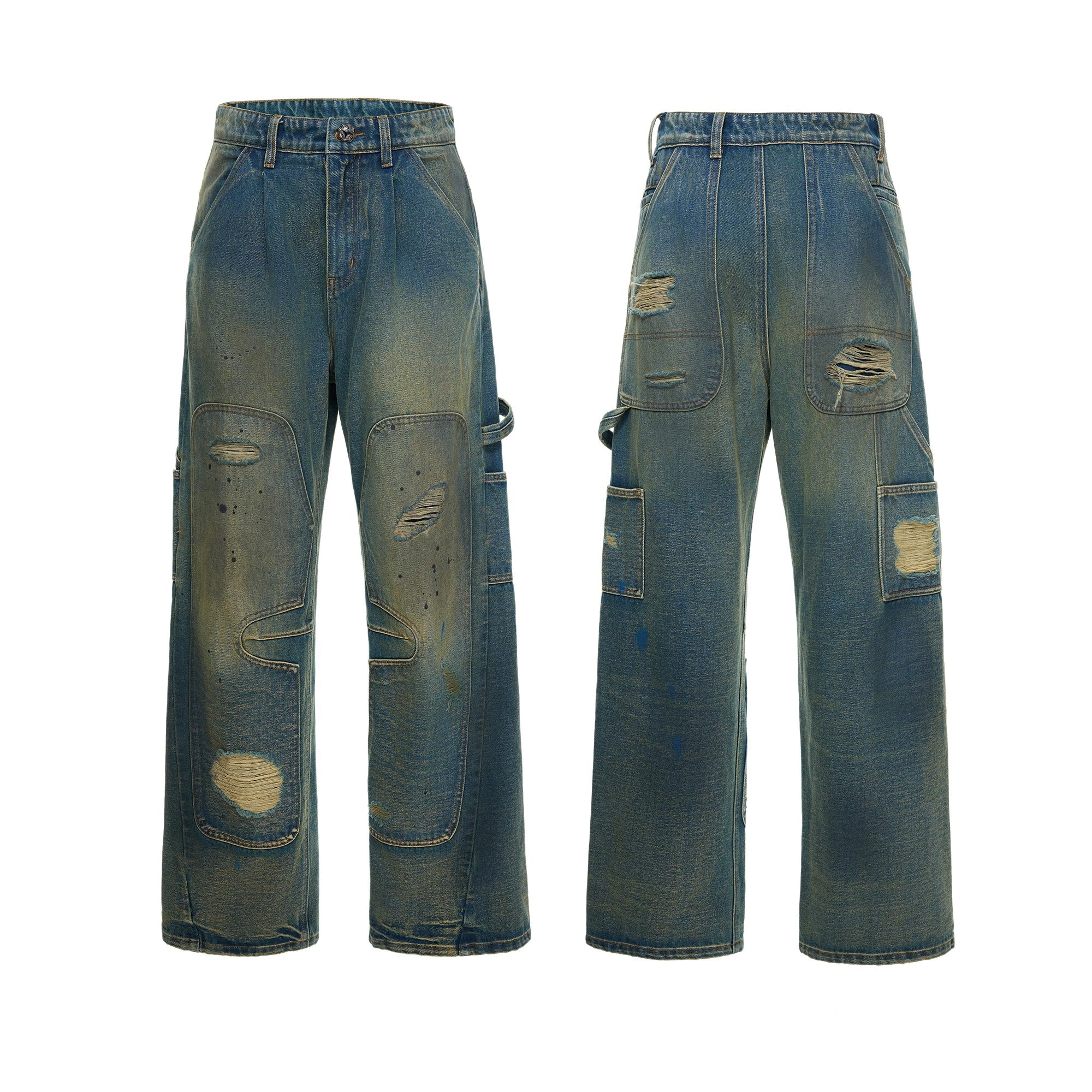 Distressed Panel Wide Leg Cargo Jeans