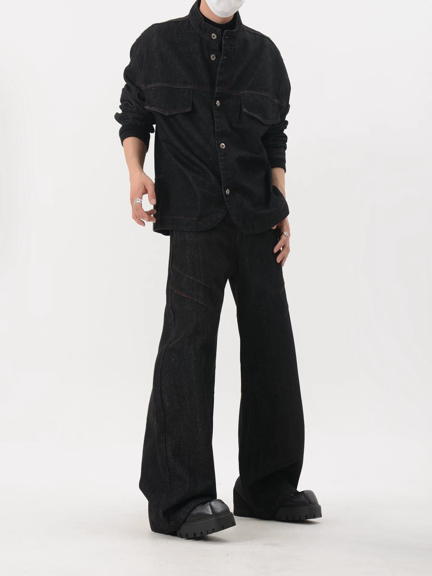 Stand-Collar Utility Pocket Denim Jacket