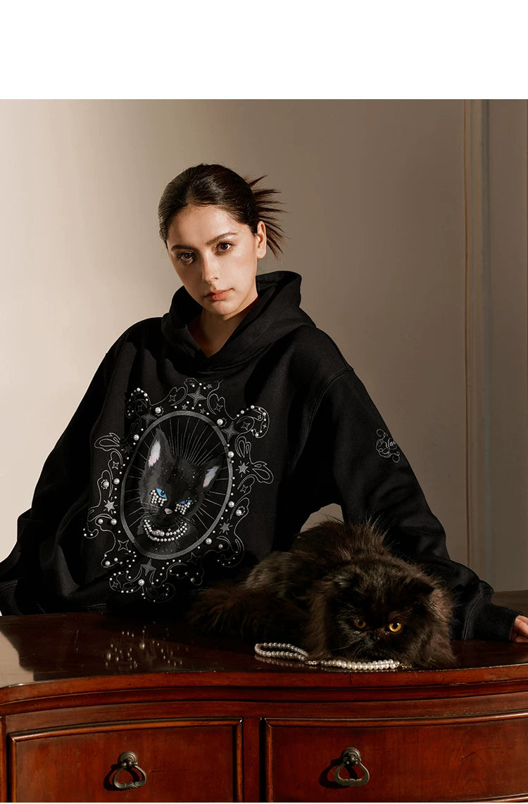 Pearl Embellished Mystic Cat Graphic Hoodie