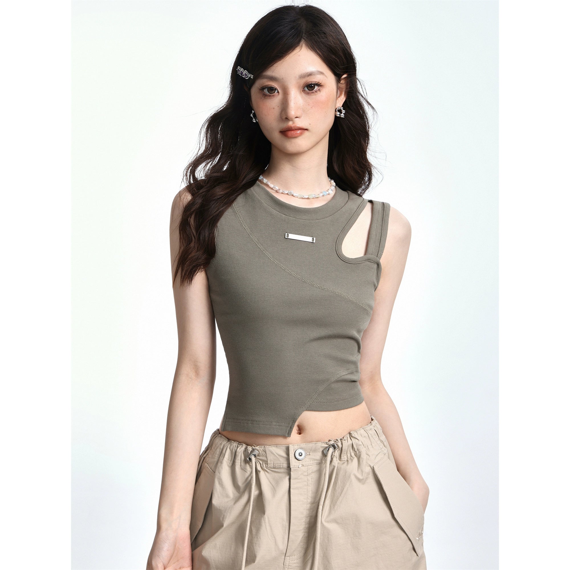 Hollow-out Sleeveless Irregular Crop Top