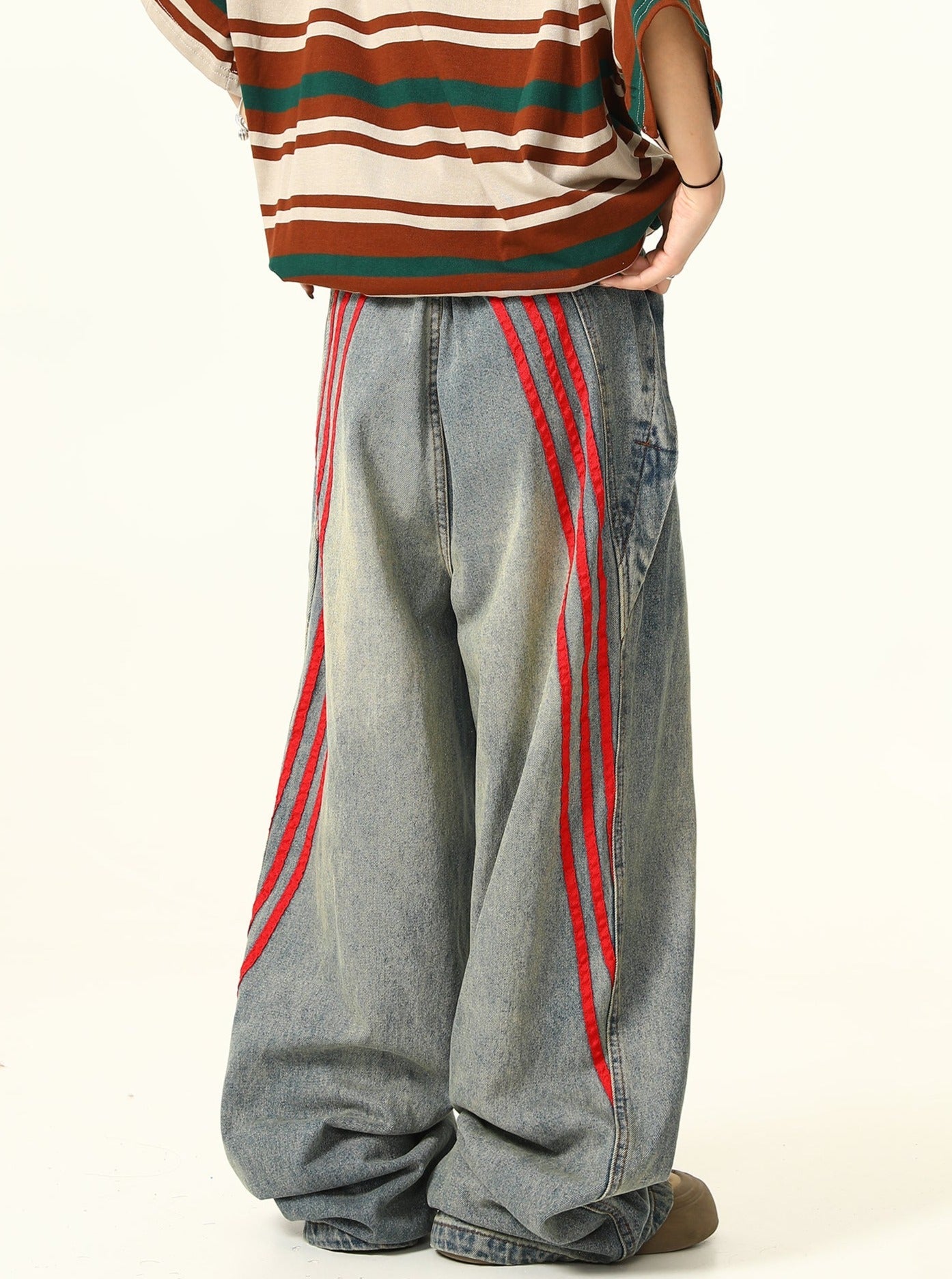 Red Triple-Stripes Wide-Leg Light Wash Denim Jeans