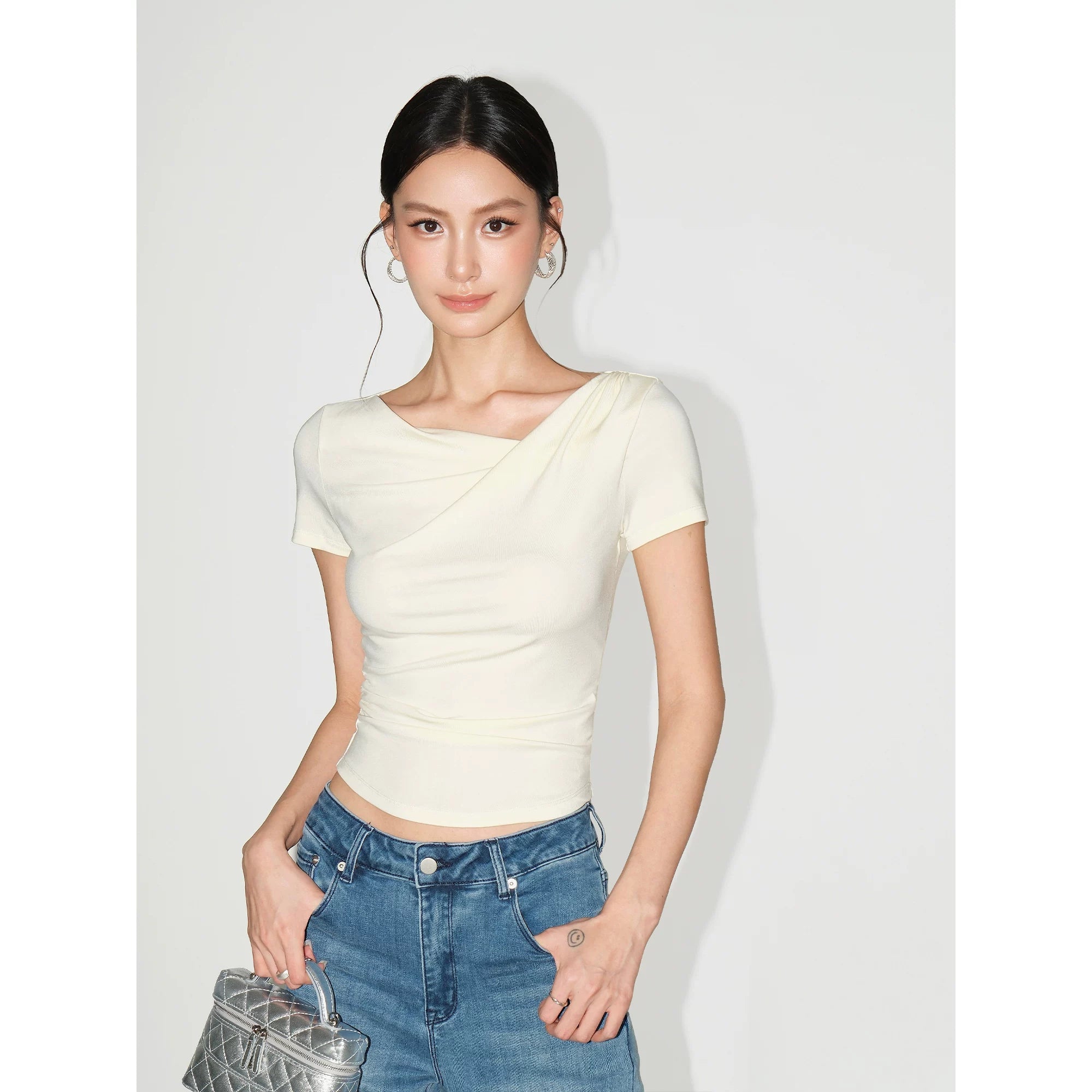 Asymmetric Off Shoulder Ruched Top