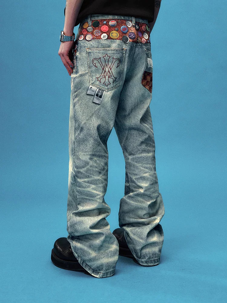 Badge Embellished Washed Wide Leg Jeans