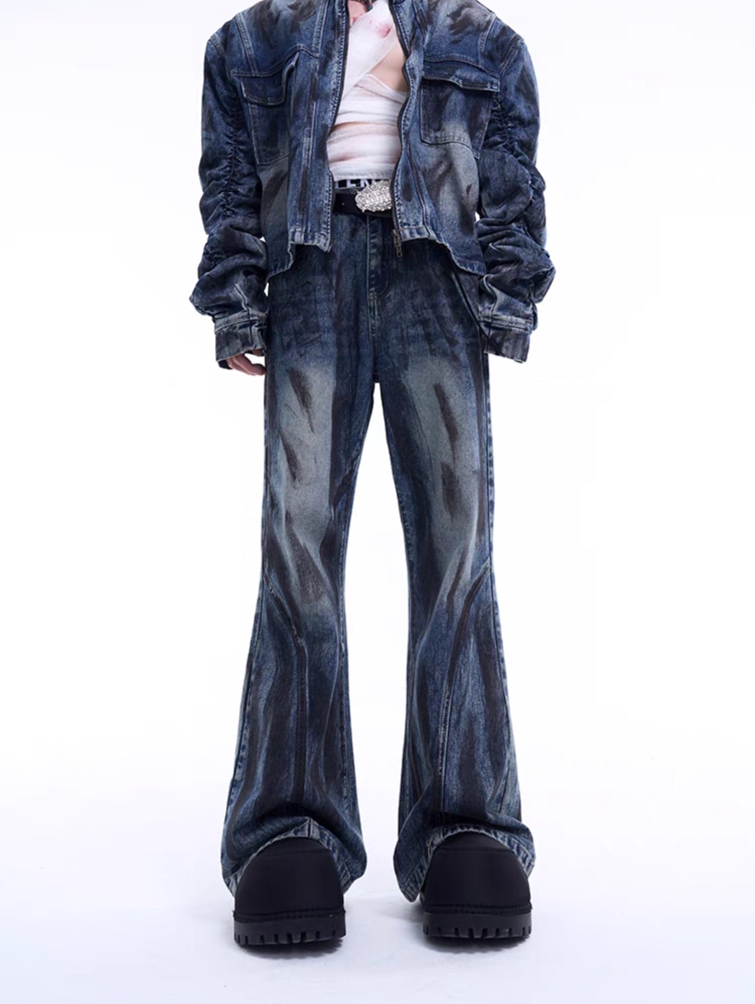 Washed Denim Stand Neck Jacket and Jeans Setup