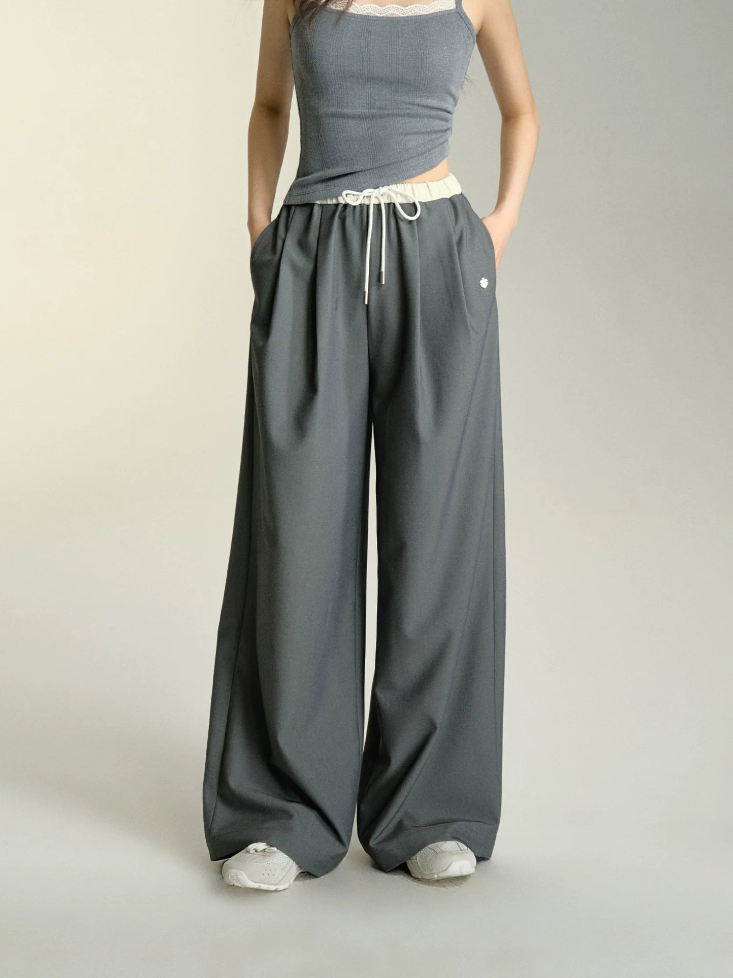 Relaxed Fit Drawstring Waist Wide Leg Pants - chiclara