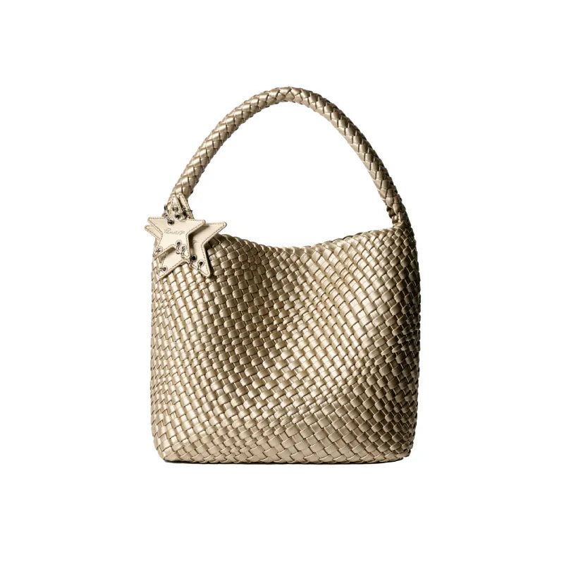 Metallic Woven Star Hobo Tote - Champagne