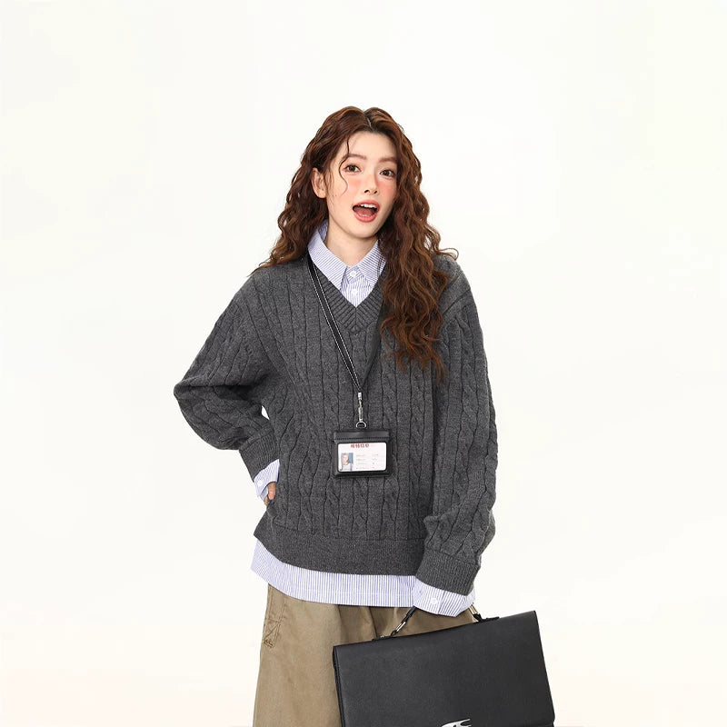Charcoal Campus Cable Knit Crew Sweater