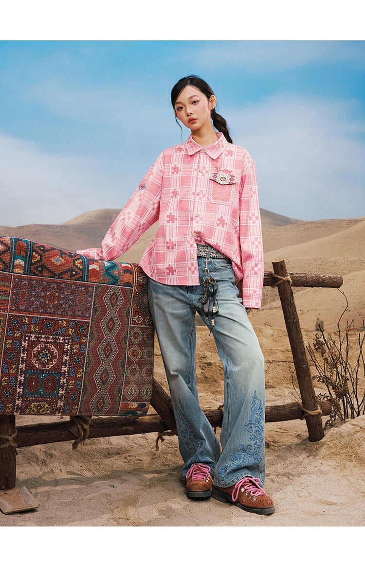 Embroidered Buckle Detail Wide Leg Jeans