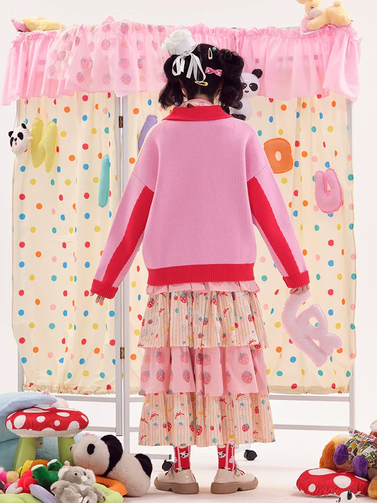 Strawberry Print Zip-Up Jacket with Peter Pan Collar