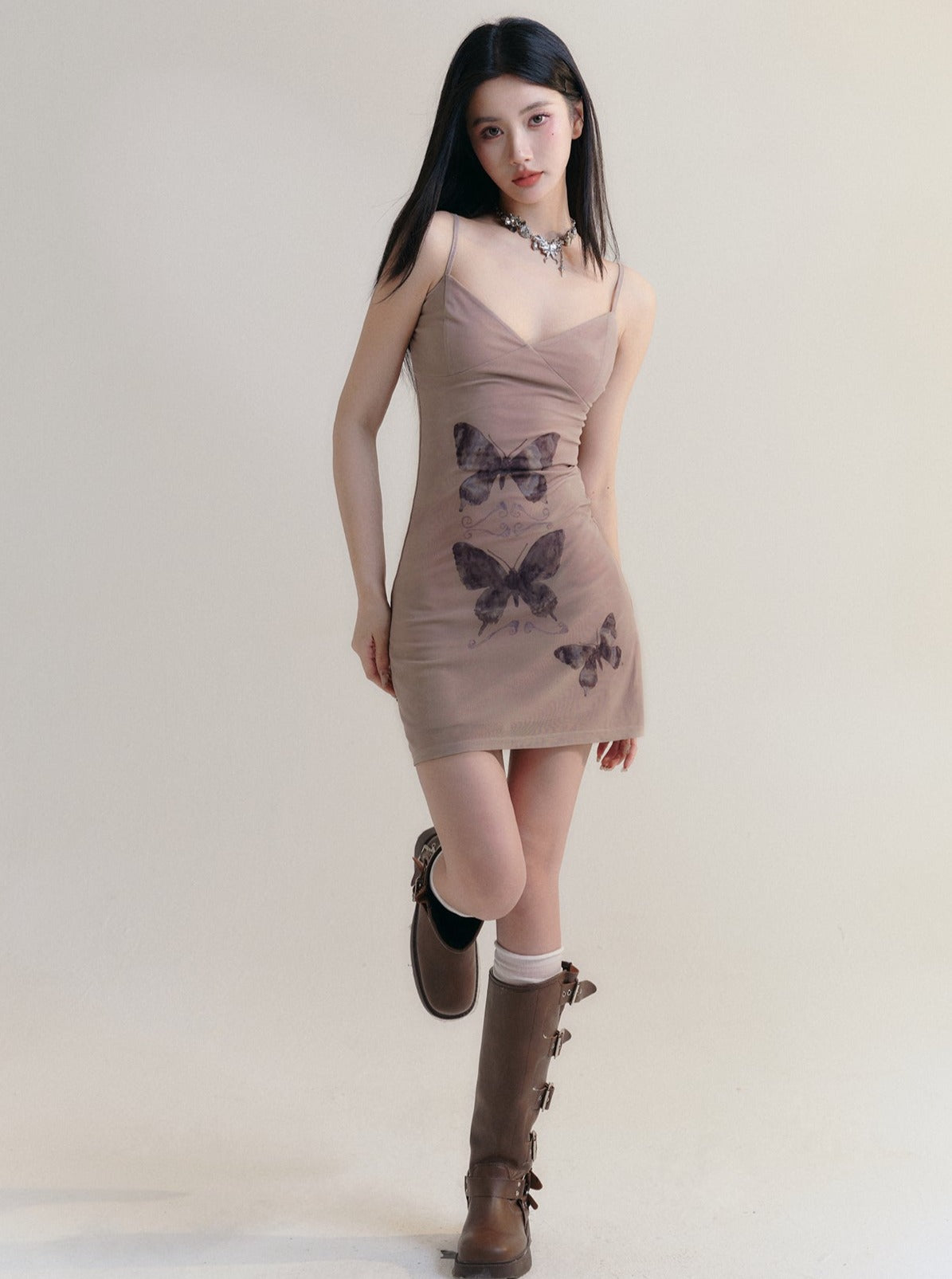 Butterfly Print Spaghetti Strap Mini Dress in Lilac