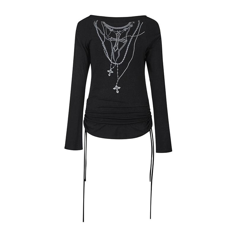 Strike A Pose Women'S Gothic Necklace Print Top - Long Sleeve Ruched Side-Tie Boat Neck Blouse In Black Semi-Sheer Knit