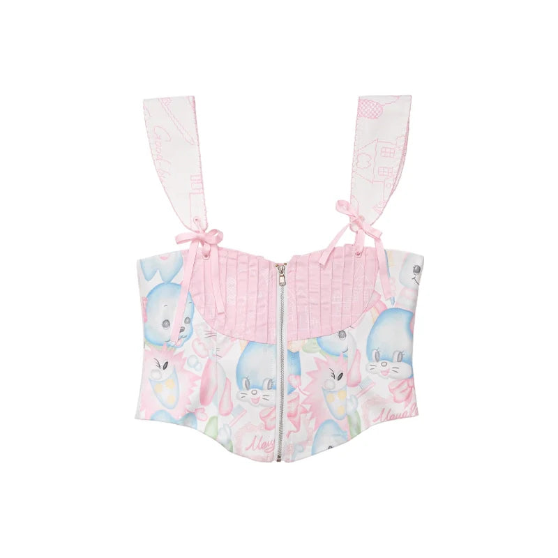 Sweet Bunny Print Bow Strap Corset