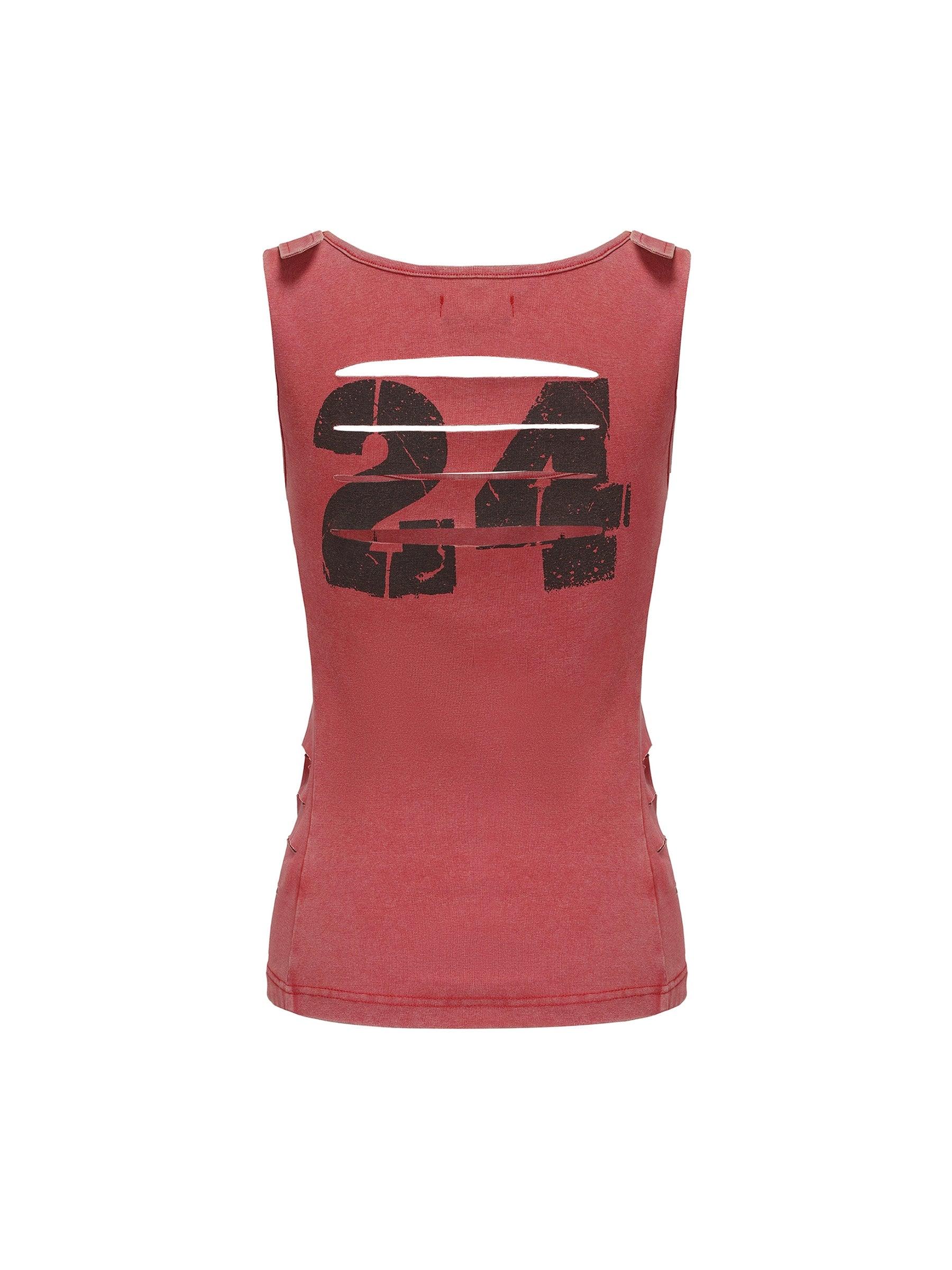 24Ans Distressed '24' Graphic Tank Top - Women'S Sleeveless Cut-Out Ribbed Jersey