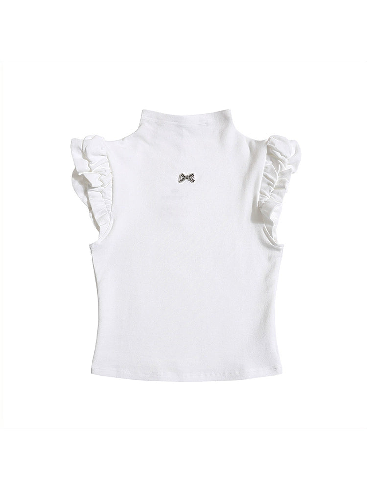 Ruffle Sleeve Top with Bow Pin Detail